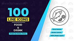 AE模板-Food Drink Line Icons 100个餐饮系列LCONS线条图标动画
