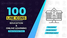 AE模板-Online Learning 100个电子商务教育学习LCONS线条图标动画