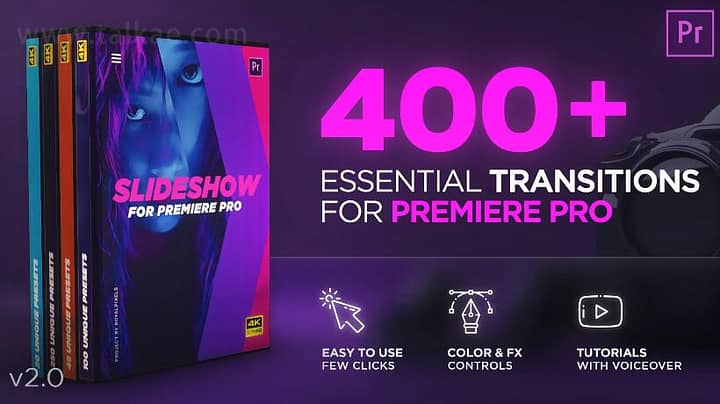 PR模板-Slideshow Transitions 400多幻灯片放映和形状无缝转场过渡