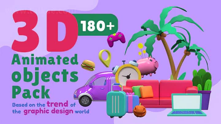 AE模板-3D Animated Objects 3D卡通生活办公场景元素模型包
