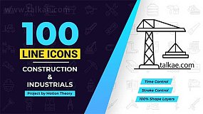 AE模板-Construction Line Icons 100个工业机械建筑施工ICONS线条图标动画