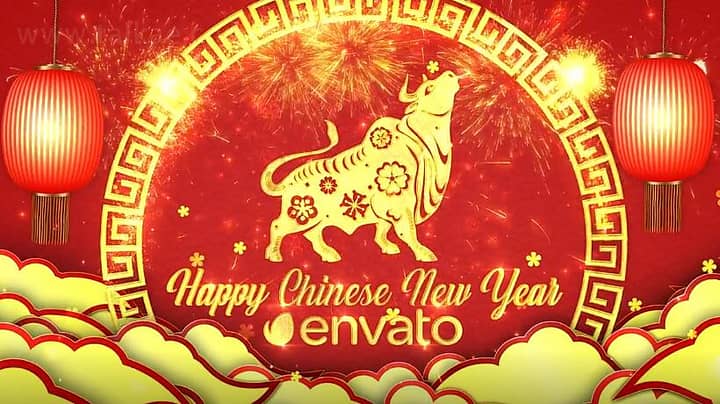 AE模板-Chinese New Year 2021新年剪纸风格烟花祥云灯笼开场片头