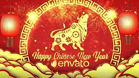 AE模板-Chinese New Year 2021新年剪纸风格烟花祥云灯笼开场片头