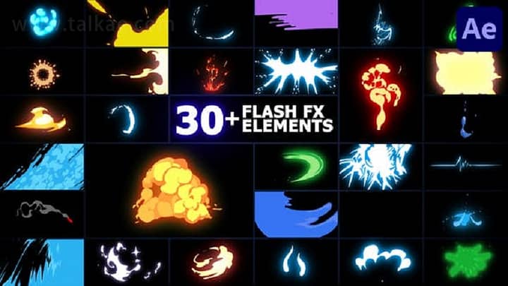 AE模板-Flash FX Elements 30组喷溅闪电火焰流体动漫特效元素MG动画