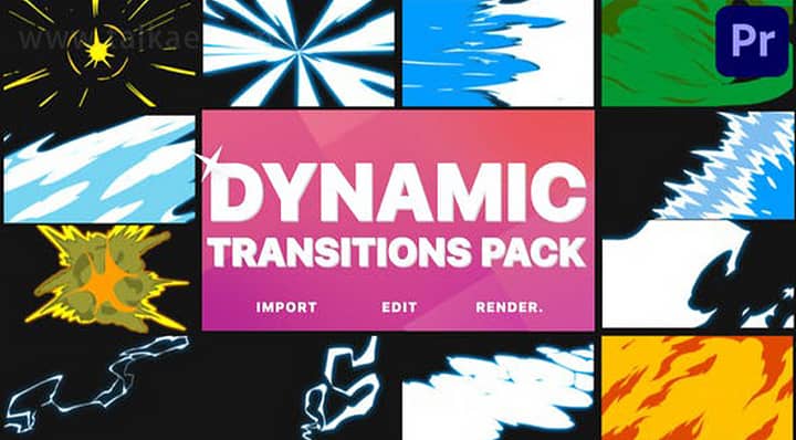 PR模板-Dynamic Transitions 酷炫卡通动漫特效元素MG动态转场过渡