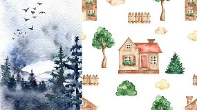 图片素材-Mountain Forest Houses Clipart 水墨山林水彩老房子剪贴画