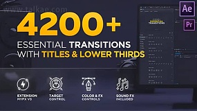 AE脚本-Essential Transitions V4.1 4200组摄像机运动故障图形分割水墨光效无缝转场文字标题预设