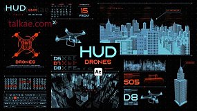 AE模板-HUD Drones 科技感城市建筑无人机主题元素全息HUD屏幕界面