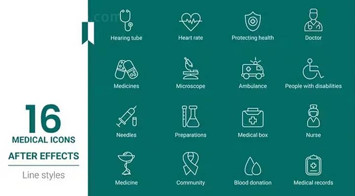 AE模板-Medical Icon Set Line Pack 医疗器械图标IOCNS线条图标动画包