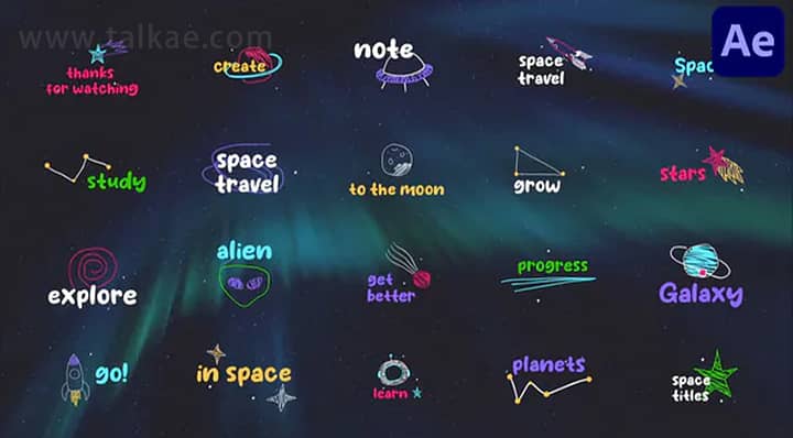 AE模板-Space Titles 创意卡通太空元素文本标题动画