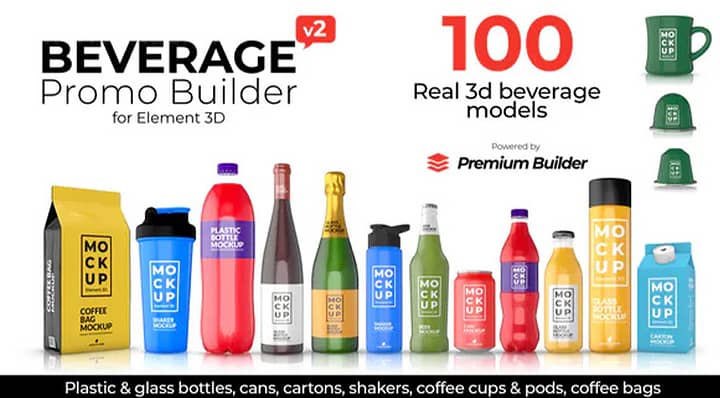 AE模板-Beverage Promo Builder 100多个饮料广告3D模型动画模板