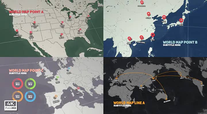 AE模板-World Map Infographic 世界地图连线标记信息数据图表动画