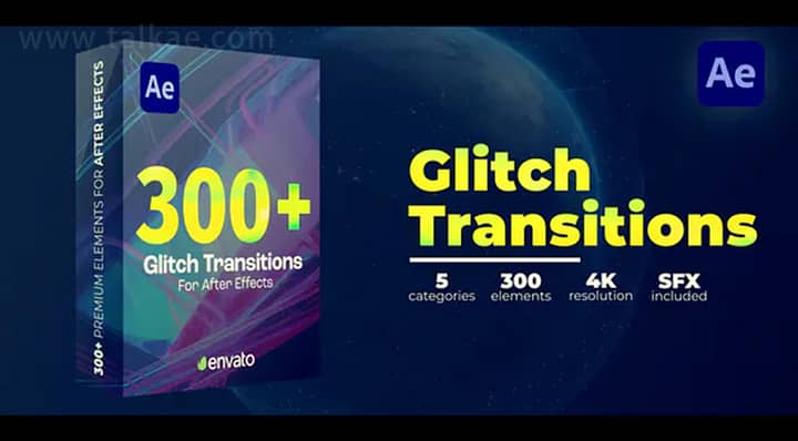 AE模板-Glitch Transitions 数字故障失真毛刺转场过渡特效动画包