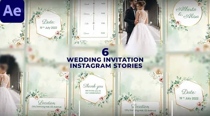 AE模板-Wedding Invitation Instagram Stories 花卉婚礼请柬电子邀请函
