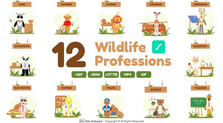 AE模板-Wildlife Professions Lottie Scenes 矢量卡通动物职业场景动画包