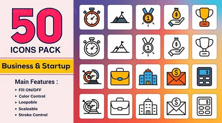 AE模板-Flat & Line Icons 50个商业主题平面线条图标动画