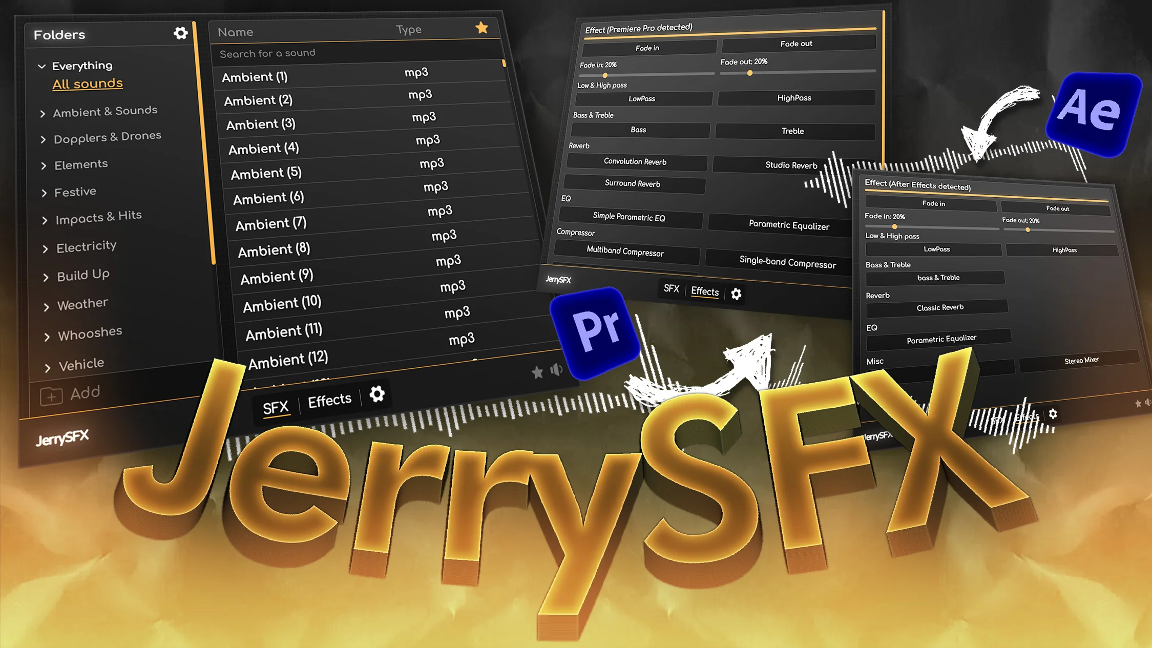 AE/PR扩展–JerrySFX v1.0.1 1259个实用音效素材管理使用工具