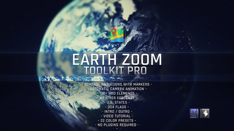 AE模板-Earth Zoom Toolkit Pro 科技感地球俯冲定位HUD工具包